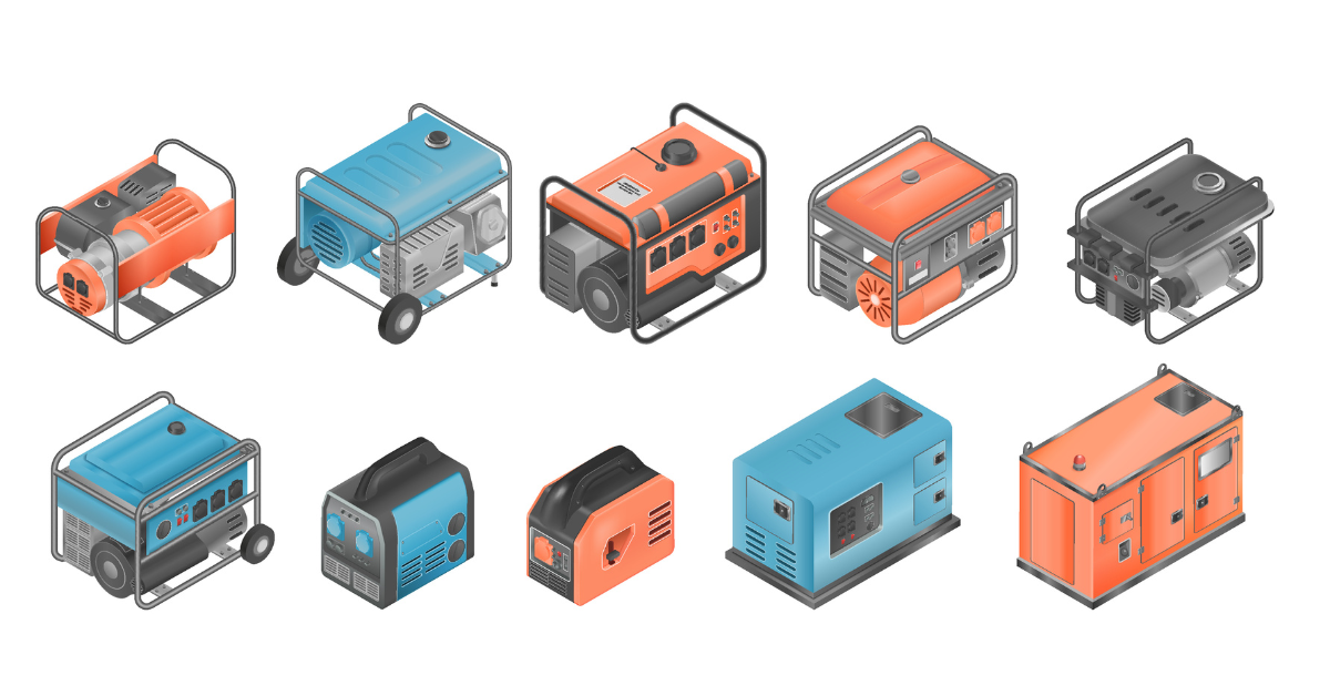 Set of isometric icons showcasing different generator types, featuring a modern and clean aesthetic.